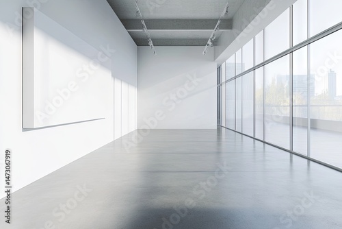 Modern. spacious art gallery interior featuring large windows with city views. minimalistic design. and an empty white canvas ready for artwork display