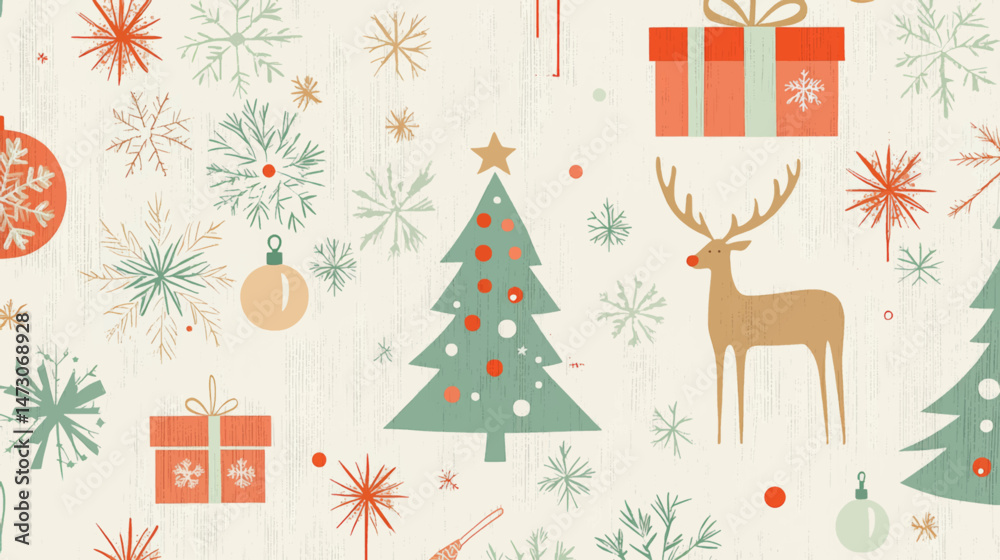 Festive Christmas vector pattern with gifts, trees, snowflakes and reindeer for seasonal backgrounds Festive Christmas vector pattern with gifts, trees, snowflakes and reindeer for seasonal backgrounds