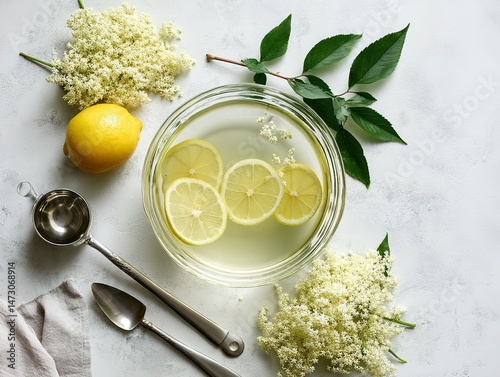 Fresh elderflower lemonade beverage ingredients laid out.