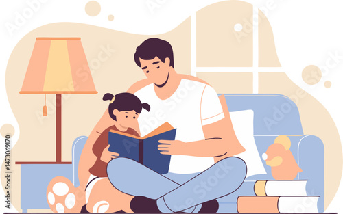 A father and his young daughter are sitting comfortably together on a couch, engrossed in reading a book, illuminated by a nearby lamp, suggesting a cozy and loving moment of shared learning and conne