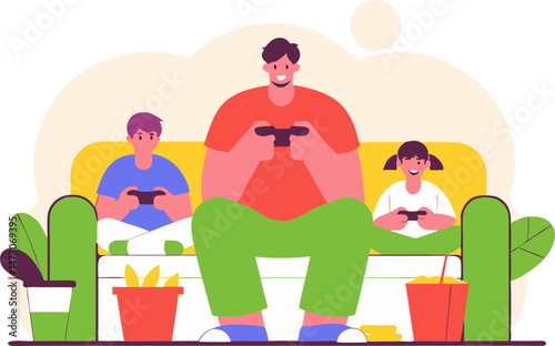 A father and his two children are sitting on a couch, enthusiastically playing video games together, representing family bonding and shared entertainment.