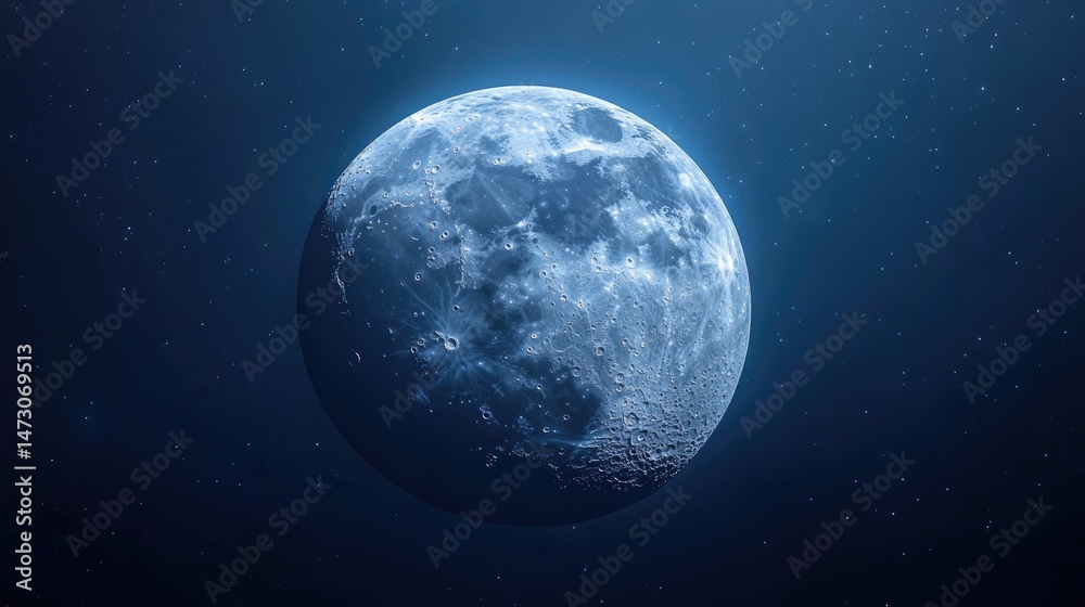 Naklejka premium A stunning view of a luminous blue moon against a starry night sky. showcasing intricate lunar surface details. ideal for celestial-themed projects or backgrounds