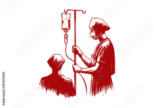 IV drip bag hand drawn sketch illustration vector