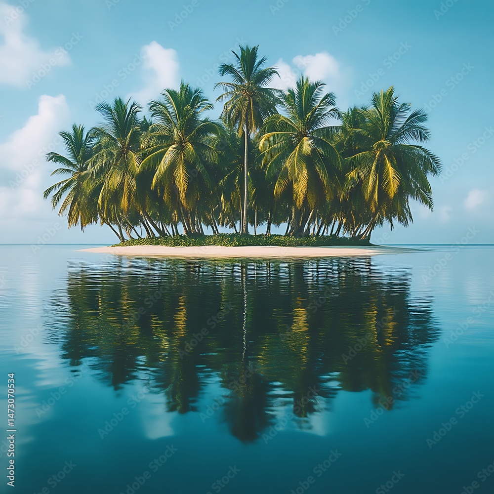 Obraz premium Tropical island paradise. Tranquil scene of a secluded island with lush palm trees, reflecting perfectly in calm turquoise water