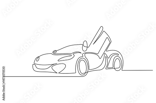 Continuous one line drawing of Sports car open the door. Single line drawing illustration of Car opened the door. Luxury sports car concept vector art. Doodle line illustration.