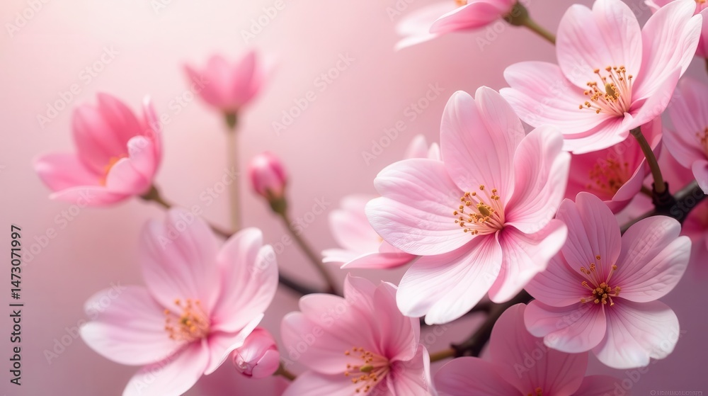 Delicate Pink Blossoms in Soft Focus, a Gentle Floral Image Featuring a Cluster of Blooming Flowers with Soft Petals and Golden Centers, Representing Springtime Serenity and Natural Beauty Delicate Pink Blossoms in Soft Focus, a Gentle Floral Image Featuring a Cluster of Blooming Flowers with Soft Petals and Golden Centers, Representing Springtime Serenity and Natural Beauty