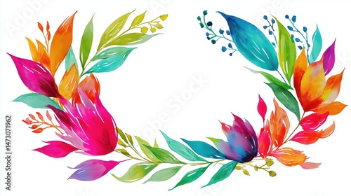 A vibrant hand drawn watercolor wreath featu colorful flowers and leaves creates a decorative copy space ideal for various creative designs and textual elements.