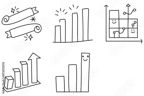 Minimal bar chart shapes illustrate growth and progress with cheerful expressions, enhancing visual appeal and engagement