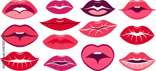 A collection of sixteen stylized cartoon lips in various shades of pink and red.