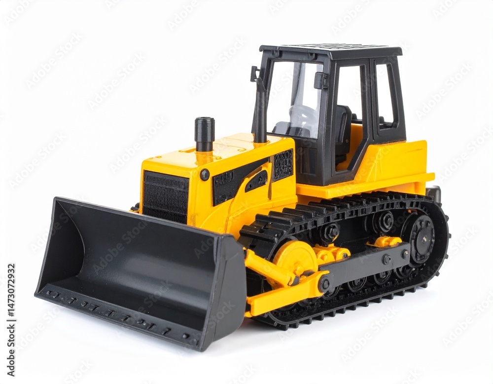 Fototapeta premium Yellow bulldozer with black tracks and a large blade against a bright white backdrop