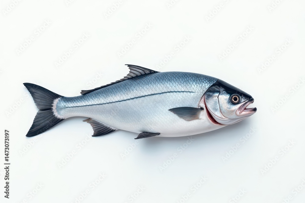Obraz premium Single Fresh Fish on White Background, Ideal for Culinary and Seafood Themes