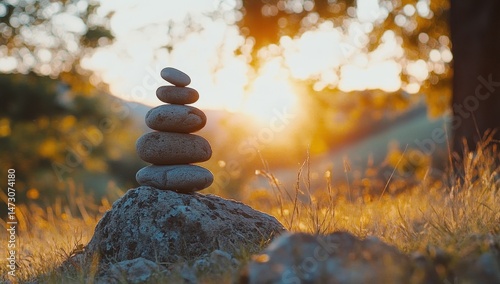 Zen stones balanced atop a larger rock at sunset
