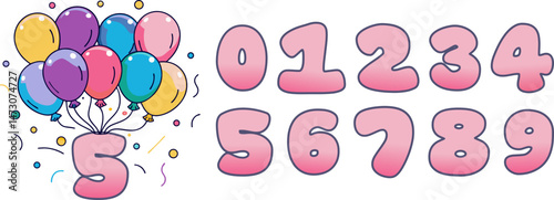 A collection of colorful cartoon elements for a fifth birthday celebration, including the number five with balloons and confetti, and a set of pink outlined numbers from zero to nine.