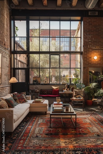 Stylish Industrial Loft Living: Sunlight streams into a meticulously designed industrial loft space, showcasing a harmonious blend of rustic exposed brick, sleek modern furniture.