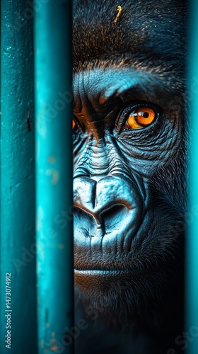 Close-up of a gorilla's face peering through bars