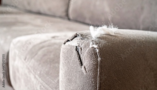 Couch with a torn piece of fabric on the arm. The couch is brown and has a worn look to it