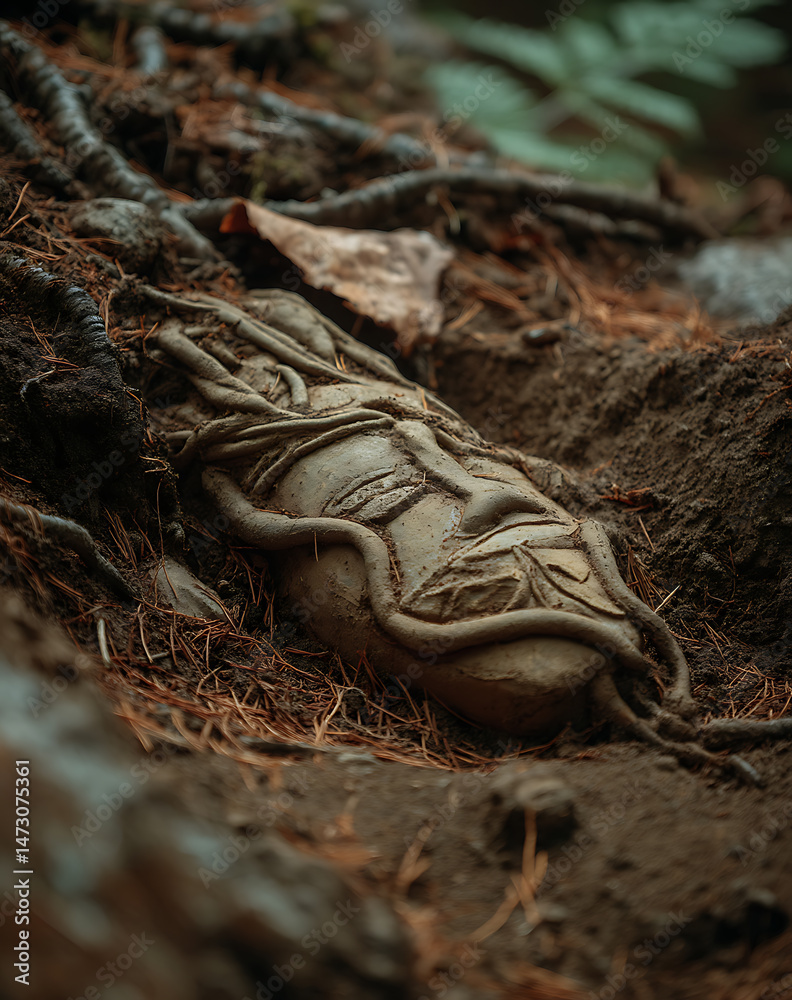 Fototapeta premium Clay body, partially buried, is embraced by intertwined roots on forest floor, giving sense of forgotten history and peaceful integration
