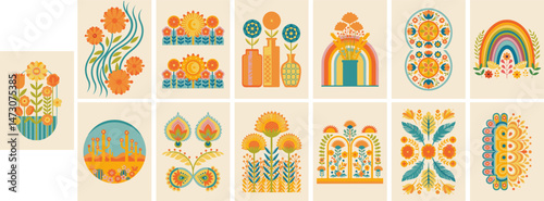 A collection of stylized, colorful floral and abstract designs.