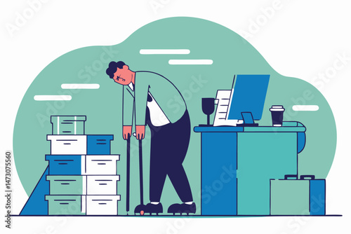 A tired or stressed person, possibly an office worker, leans on a mop and broom amidst stacks of boxes and a cluttered desk, suggesting overwork or exhaustion.