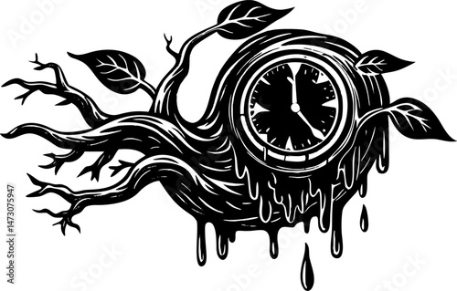A black and white illustration of a melting clock intertwined with roots and sprouting leaves, symbolizing the passage of time, decay, and the cyclical nature of life and growth.