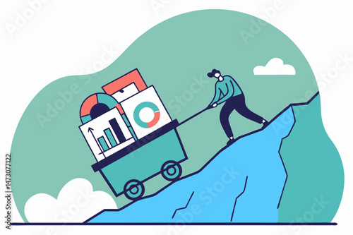 A person is pulling a cart loaded with charts and graphs up a steep hill.