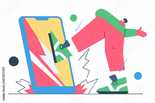 A person is kicking a smartphone, with the screen shattering.