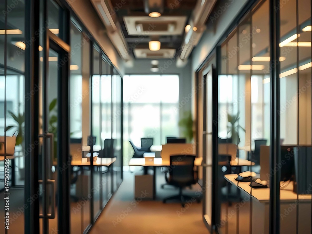 Modern office interior with glass walls, ergonomic chairs, desks, computers, and natural lighting Modern office interior with glass walls, ergonomic chairs, desks, computers, and natural lighting