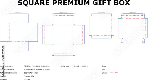 Detailed vector layout diagram for a square premium gift box template showing dimensions and design specifications.