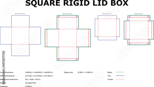 Detailed schematic diagrams showcasing different layers and dimensions for a square rigid lid box packaging project concept.