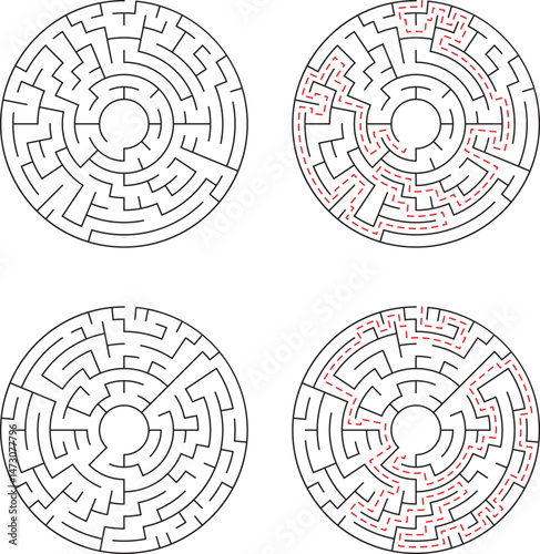 Four circular labyrinth puzzles with solutions indicated in red dashed lines suggesting problem solving and finding the right path