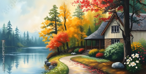 beautiful home , house background oil paint