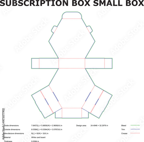 Detailed illustration of a small subscription box template flat design in vector format complete with measurements and specifications