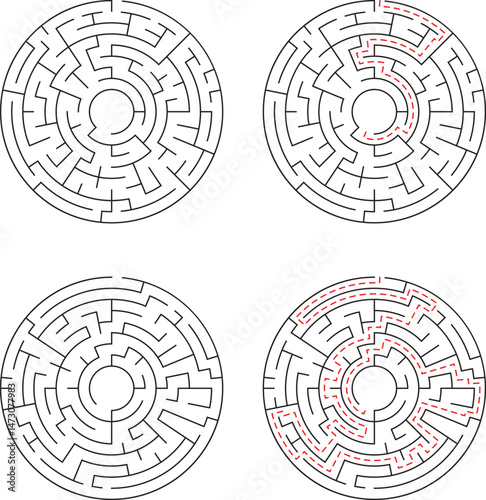 Four stages of a solved circular maze illustration highlighting the paths and showcasing problem solving