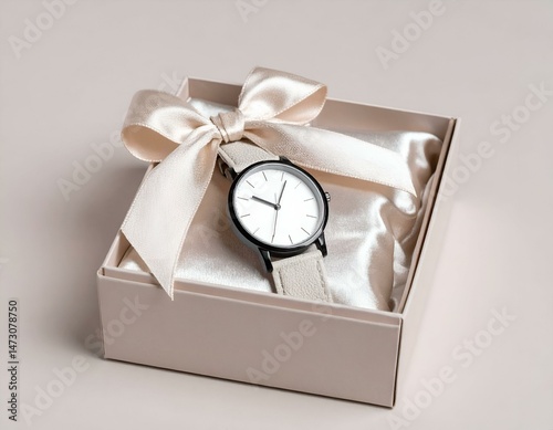Elegant wristwatch in a beige gift box with a satin ribbon. Perfect for gifting occasions.
