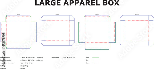Detailed technical vector illustration showcasing apparel box die cut template with dimensions for clothing packaging purposes