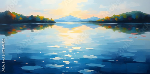 abstract landscape oil painting , lake in the mountains