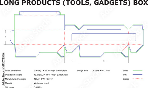 Vector blueprint of a box for long products suitable for tools or gadgets with bleed trim and crease details.