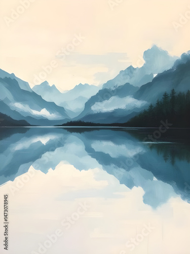 abstract landscape oil painting , lake in the mountains