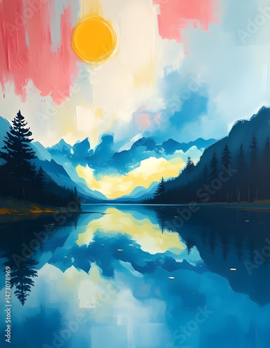 abstract landscape oil painting , lake in the mountains, abstract, landscape, oil, painting, lake, mountains, art, canvas, brushstroke, texture, nature, scenery, water,