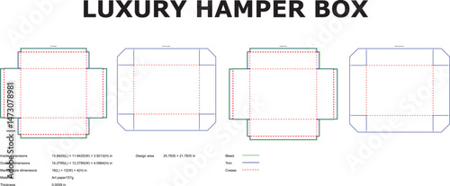Vector illustration showcasing a luxury hamper box design template layout including dimensions and measurements for packaging.