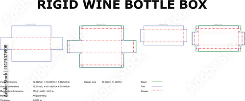Detailed vector illustration featuring the blueprint of a rigid wine bottle box showcasing dimensions and design elements.