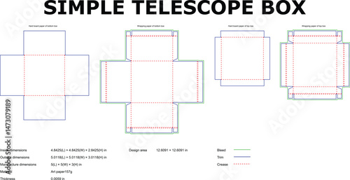 Simple telescope box template showing dimensions and construction for packaging design and manufacturing purpose