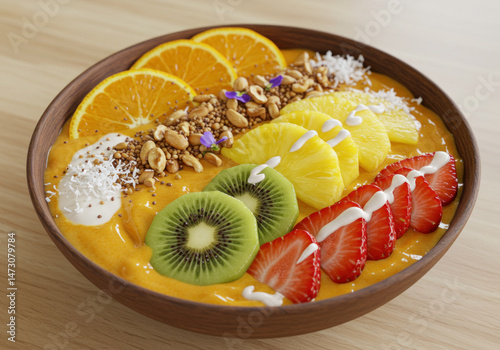 Bowl of mixed fruit, nuts, and oranges.