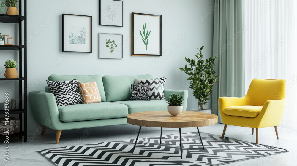 custom made wallpaper toronto digitalLight green sofa, yellow armchair, wooden coffee table, gallery wall, and patterned rug in a modern living room
