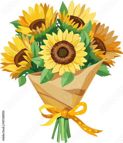 A vibrant illustration of a sunflower bouquet, featuring multiple yellow sunflowers with green leaves, wrapped in brown paper and tied with a yellow ribbon.