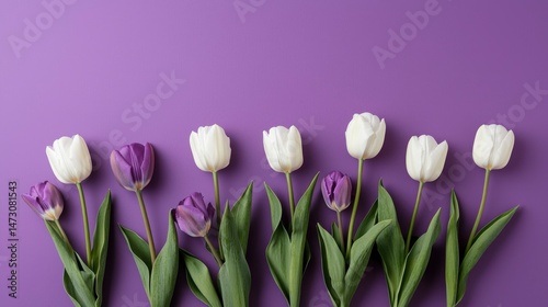 White and purple tulips on purple background