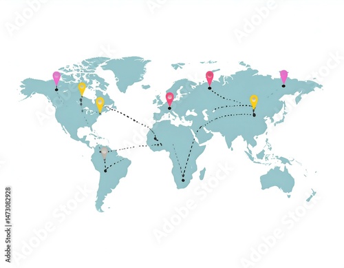 World map illustration showing a travel route with colorful location pins. Ideal for travel blogs, presentations, and educational materials.