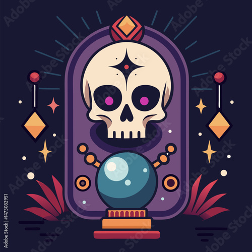 
A stylized illustration of a skull adorned with cosmic elements, set against a dark background with decorative details.