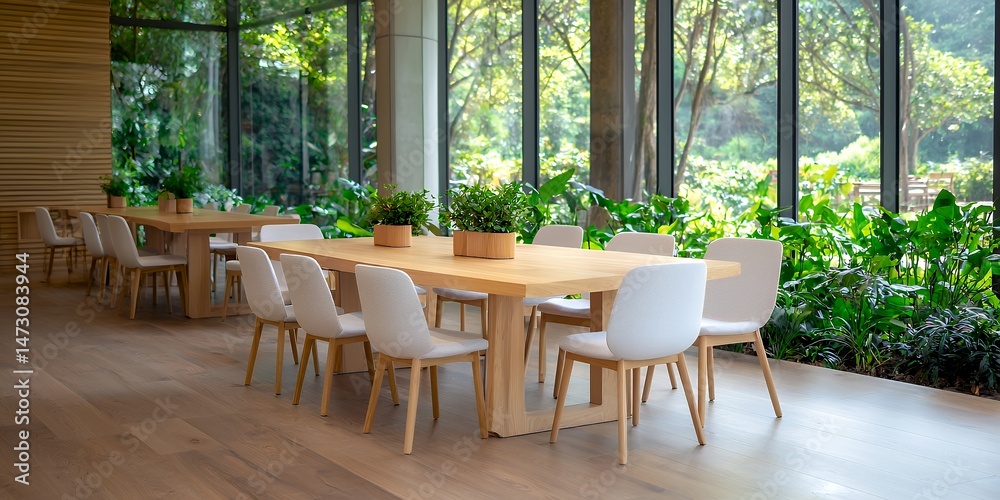 Modern dining space with wooden furniture and surrounding green plants creating a harmonious and tranquil interior design ideal for a relaxing and comfortable atmosphere Modern dining space with wooden furniture and surrounding green plants creating a harmonious and tranquil interior design ideal for a relaxing and comfortable atmosphere
