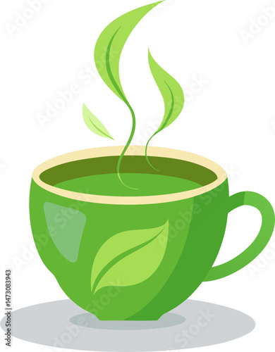 A vibrant green cup of hot tea with stylized leaves rising as steam, symbolizing green tea, health, or a refreshing beverage.